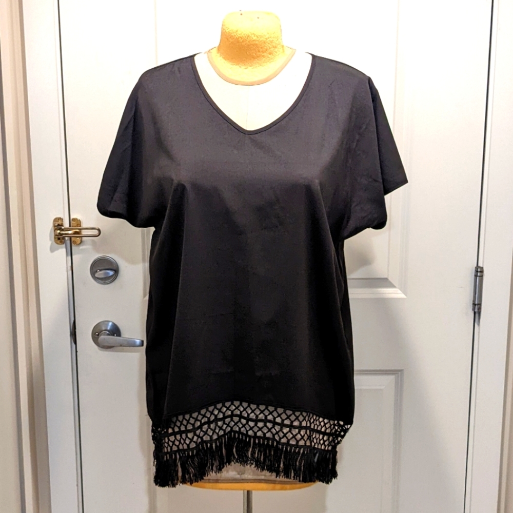 V Neck Woven Fringe Bottom Flutter Sleeve Tunic Black Long Blouse Curve 1X Shein
